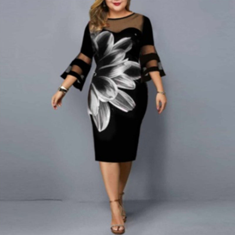 Nina Parker Black Dress Printed Voile plus Size Dress