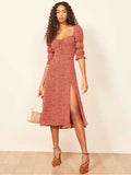 Spring And Summer Square Collar Long Sleeve Floral Milkmaid Dress