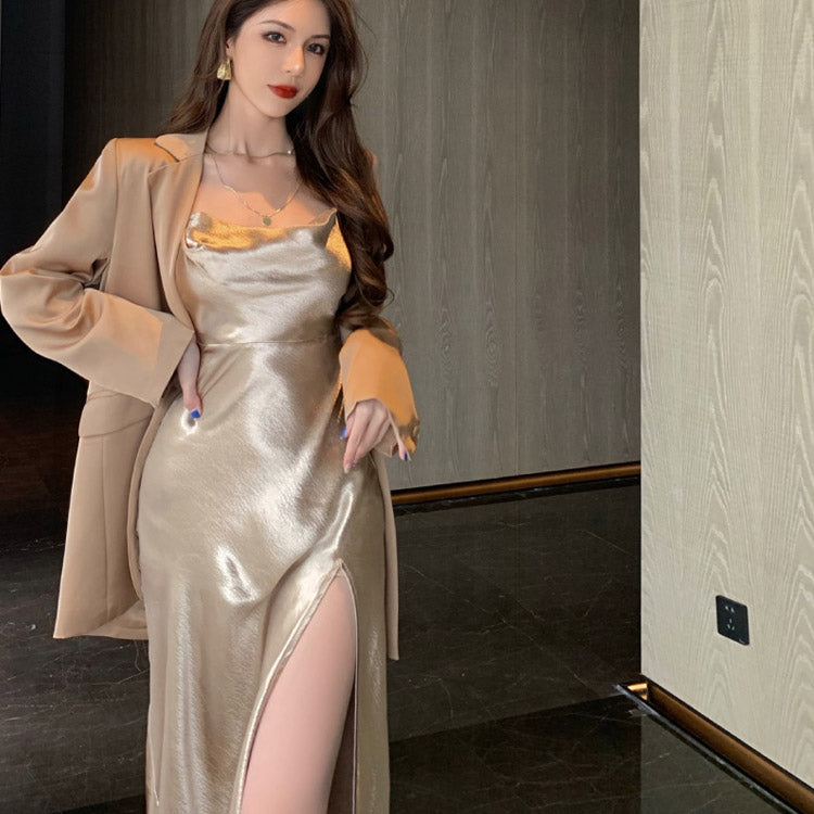 Satin Dress Swing Collar Women's Slim-Fit Satin Strap Dress