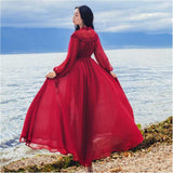 Bright Red Dress Retro Chiffon Seaside Holiday Long Dress Bohemia Retro Vintage Cottagecore Aesthetic Flowy Victoria Cottage Core Boho Dress