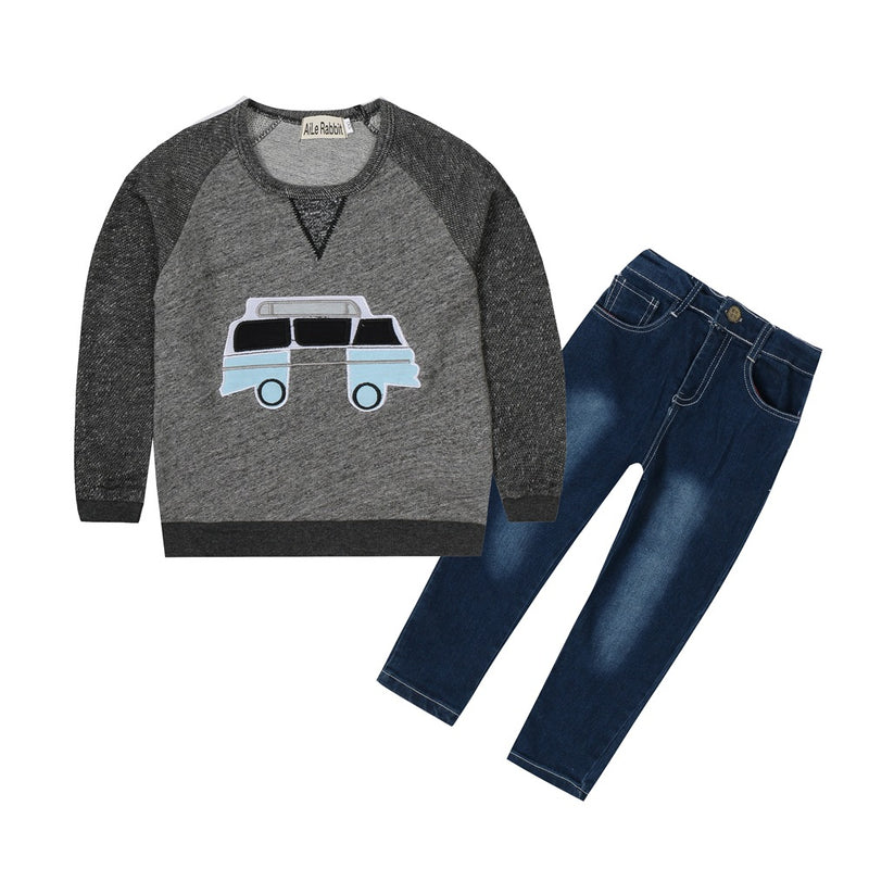 Children Boy Co Ord Long Sleeve Cartoon Car Top Denim Pants 2 Piece Set