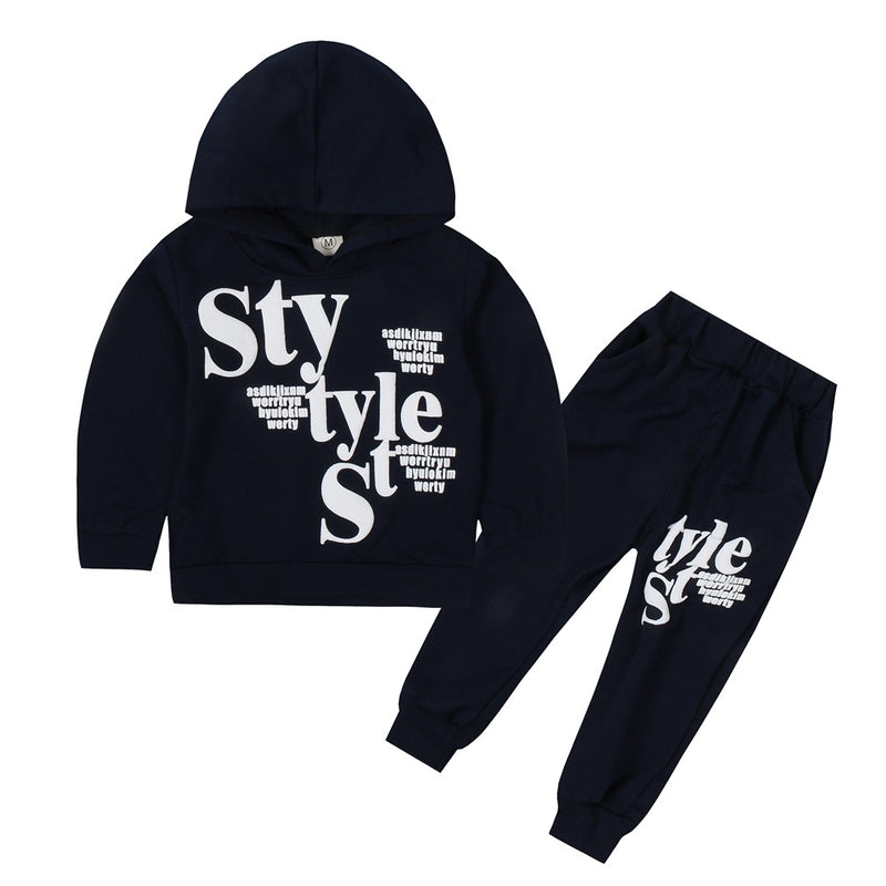 Children Boy Co Ord Letter Print Long Sleeve Hood Sweatshirt Trousers 2 Piece Set