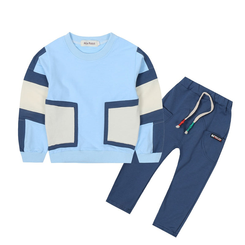 Children Boy Co Ord 2 Piece Set Children's Suit Stitching Patch Sweater Two-Piece Set