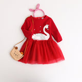 Girl Dress Spring and Autumn Cartoon Swan Print Dress