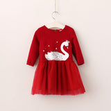 Girl Dress Spring and Autumn Cartoon Swan Print Dress