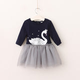 Girl Dress Spring and Autumn Cartoon Swan Print Dress