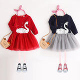 Girl Dress Spring and Autumn Cartoon Swan Print Dress