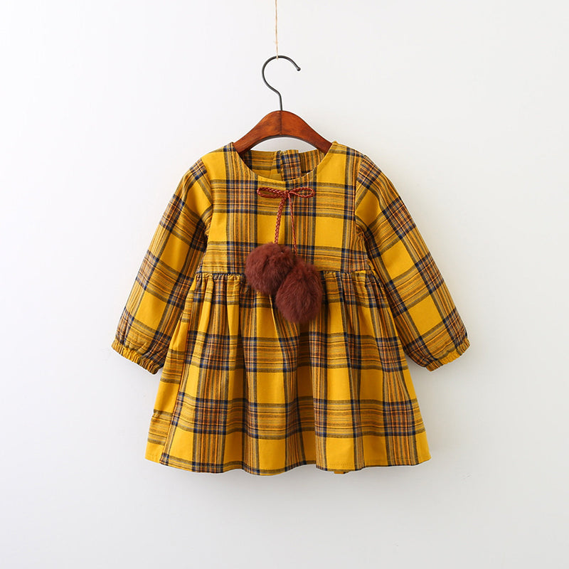 Girl Dress Plaid Long Sleeve Lace-up Girl Dress