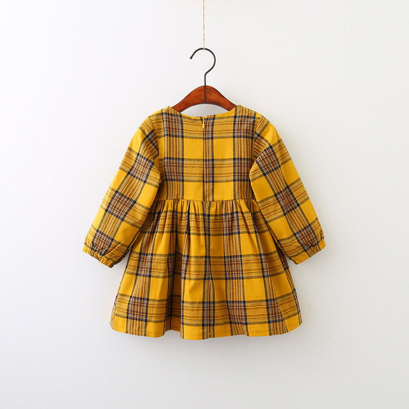 Girl Dress Plaid Long Sleeve Lace-up Girl Dress