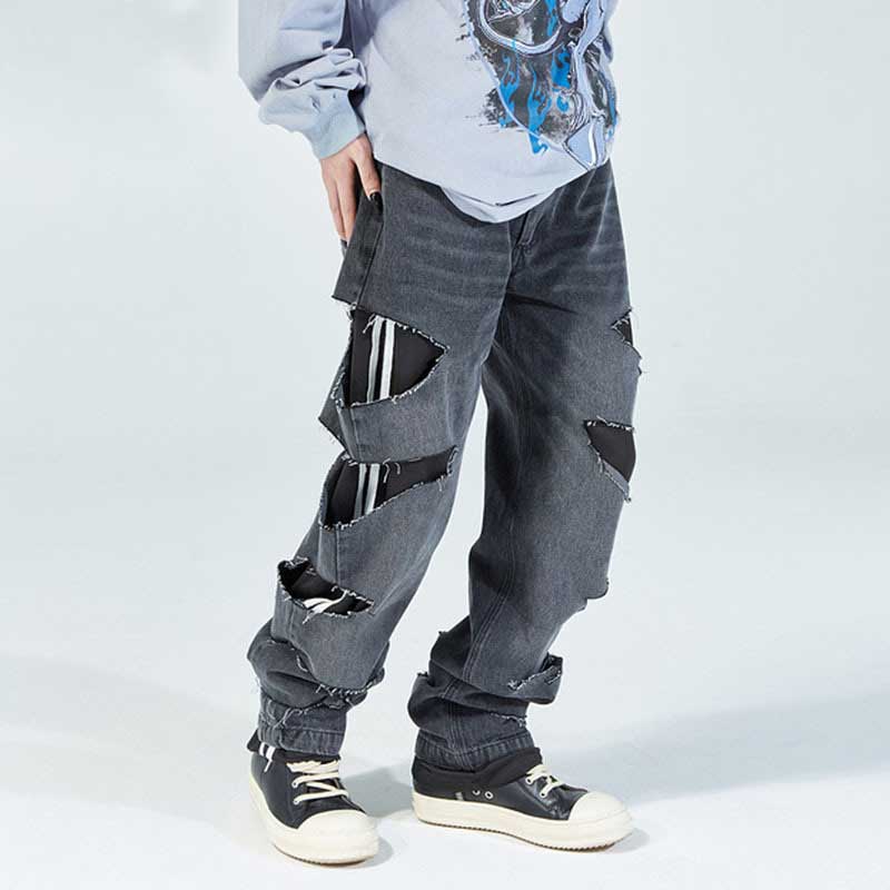 Mens Fall Outfits Worn Looking Washed-out Loose Wide Leg Straight Jeans Men's Slippers Floor Pants