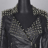 Leather Biker Coat Golden Leather Jacket Women Pu Jackets Rock Lapel Punk Rivet Jacket