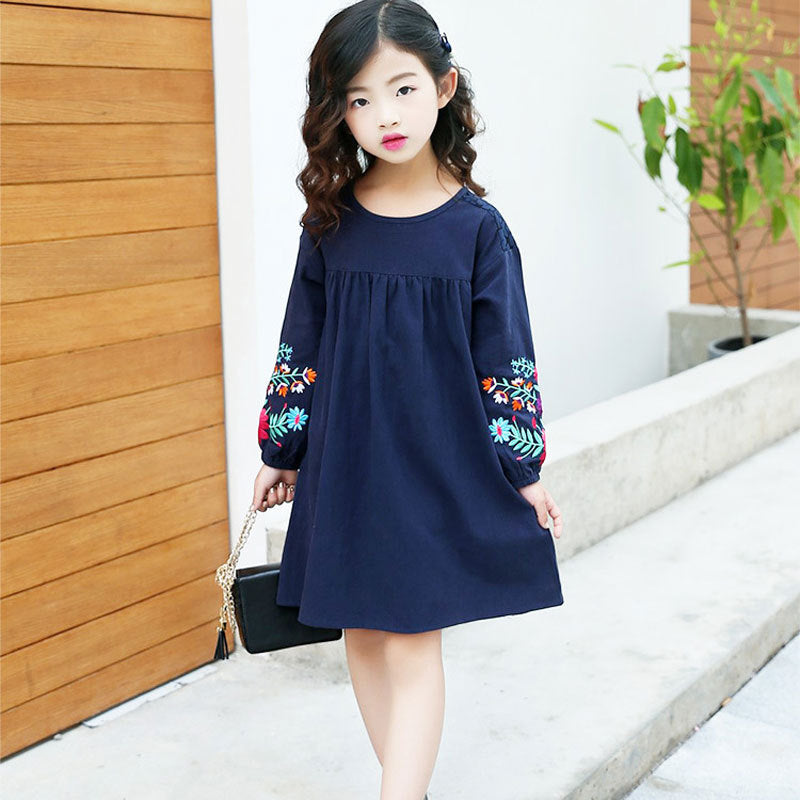 Girl Dress Spring and Autumn Embroidered Long-Sleeved Dress