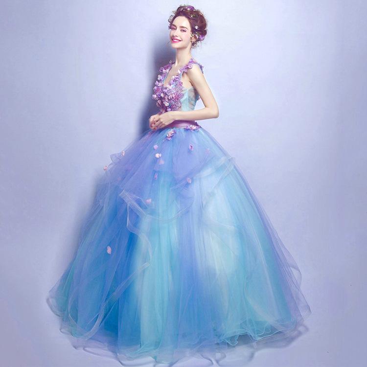 Women'S Evening Dress Ball Gown Princess Quinceanera Wedding Dresses Blue Deep V Sexy Fashion Long Evening Dress Banquet Performance Tulle Tutu Dress