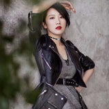 Leather Biker Coat Golden Leather Jacket Women Pu Jackets High Waist Leather Coat