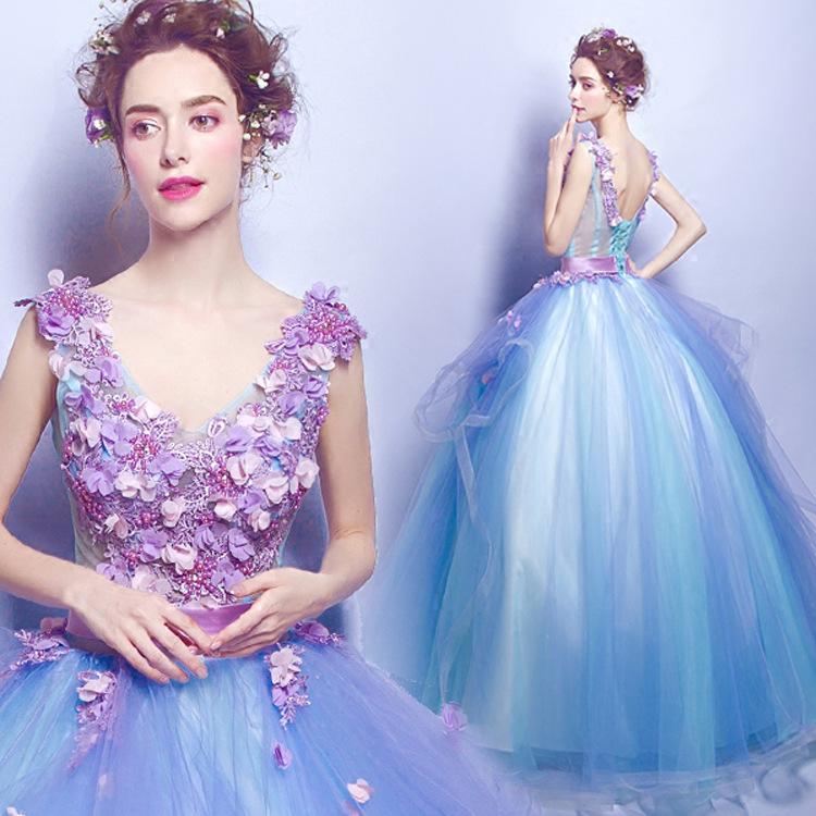 Women'S Evening Dress Ball Gown Princess Quinceanera Wedding Dresses Blue Deep V Sexy Fashion Long Evening Dress Banquet Performance Tulle Tutu Dress