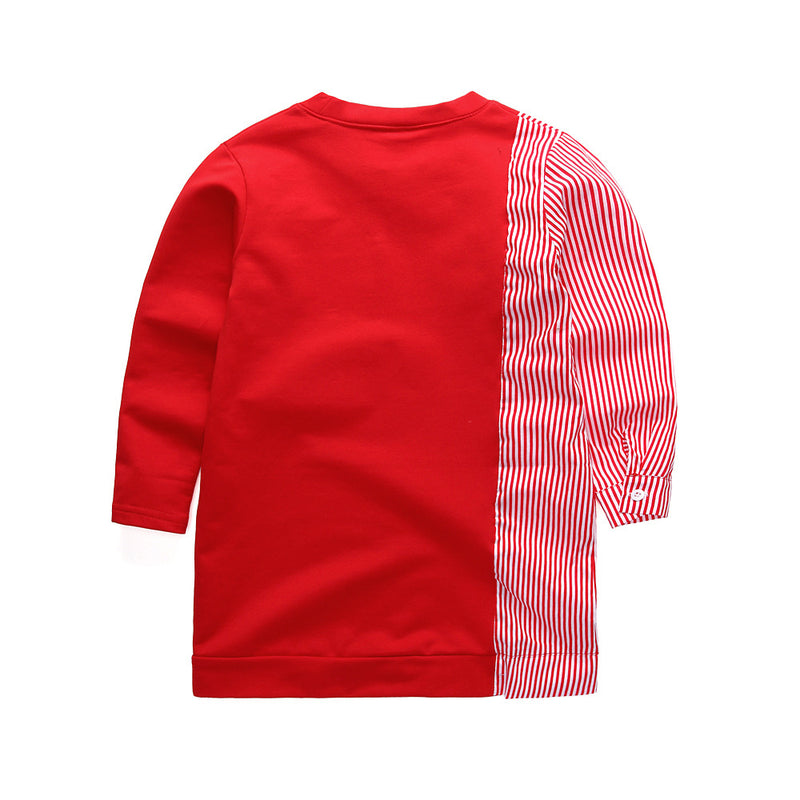 Girl Dress Spring and Autumn T-shirt Casual Children's Wear Bow Patchwork Stripes Bottoming Shirt