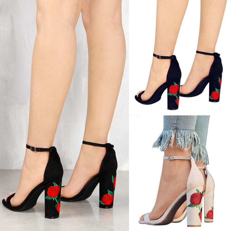 Rose Embroidery Nude Block Heels Chunky Heel High Heel Sandals
