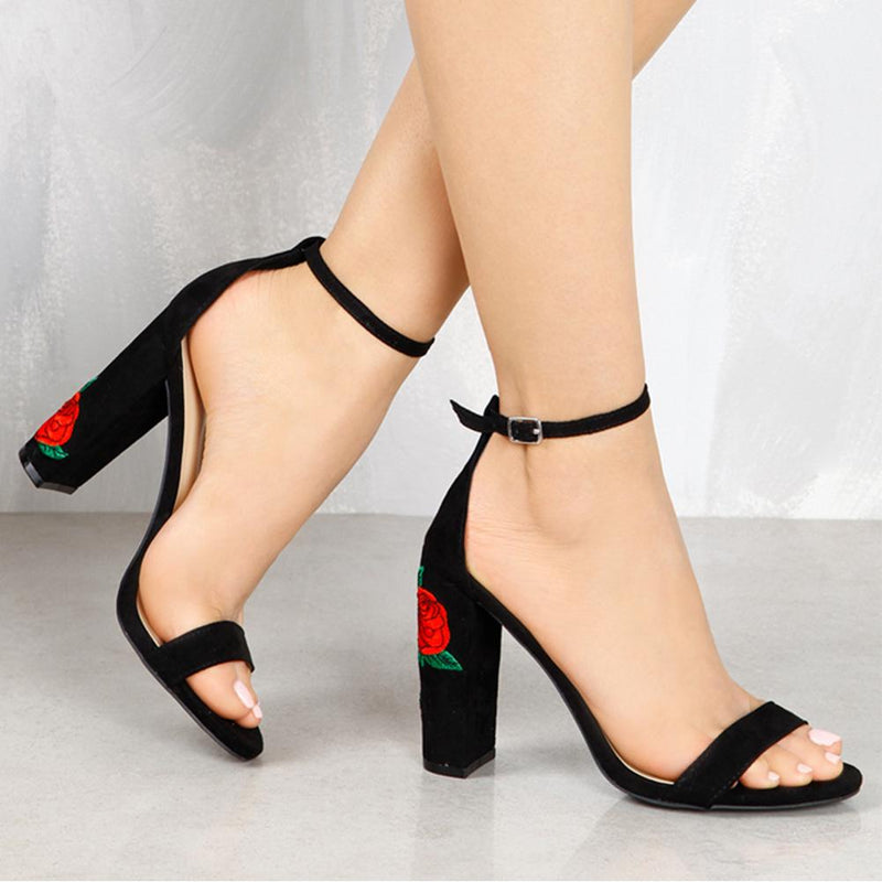 Rose Embroidery Nude Block Heels Chunky Heel High Heel Sandals