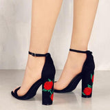 Rose Embroidery Nude Block Heels Chunky Heel High Heel Sandals