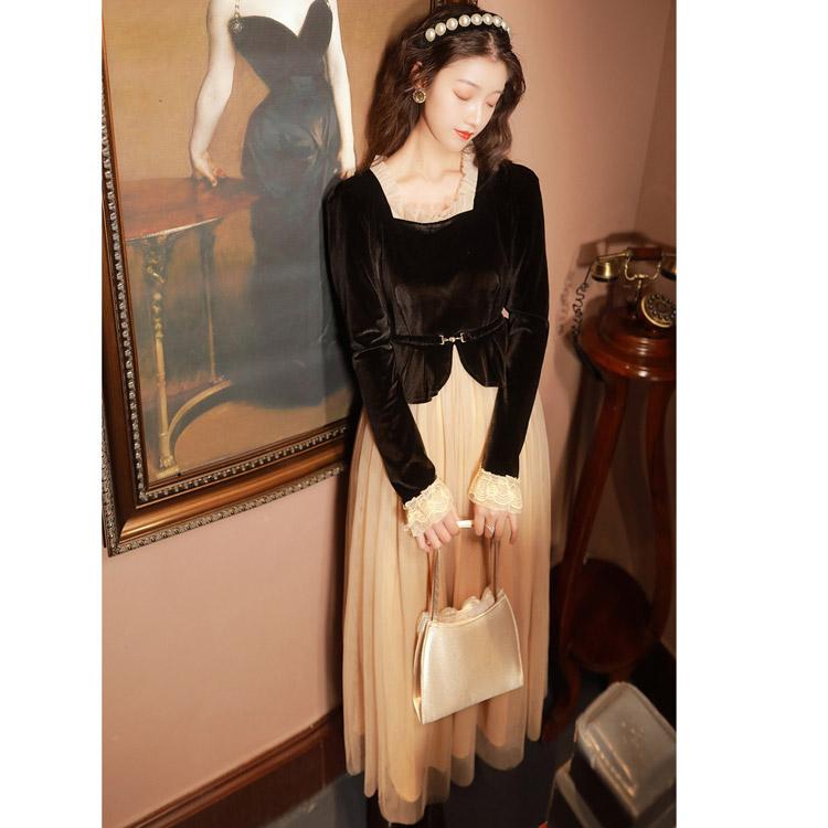 Sleeve Wooden Ear Square Collar Court Vintage Velvet Stitching Mesh cottagecore aesthetic dress