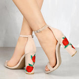 Rose Embroidery Nude Block Heels Chunky Heel High Heel Sandals