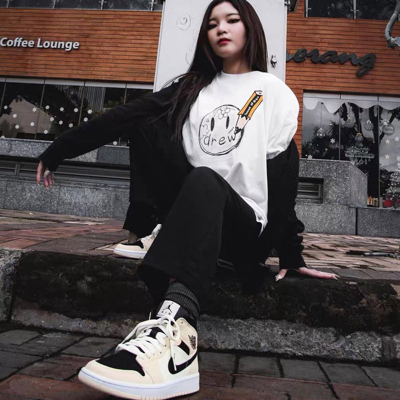 Drew House Pencil Hand-Painted Pattern Smiley Face Short Sleeve Couple Loose Hip Hop Cotton T-shirt Men