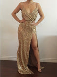 Homecoming Dresses Tight Sexy V-neck Split Sleeveless Gold Sequins Glitter Dress Long Dress