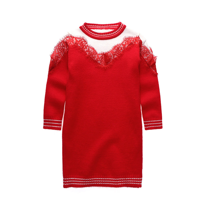Girl Dress Children's Lace Long Sleeve Dress Sweater