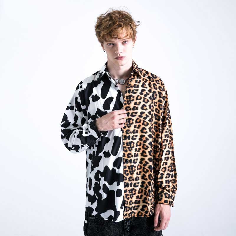 Mens Fall Outfits I High Street Cow Leopard Splicing Long Sleeve Shirt Men's Loose Couple Coat