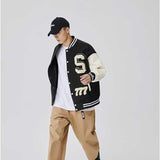 Green Varsity Jacket Autumn PU Leather Stitching Woolen Embroidery Baseball Collar Jacket Coat for Men
