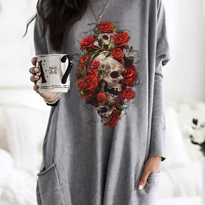 Skull Dress Casual round Neck T-shirt Women's Long Sleeve Pocket Loose Dress