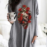 Skull Dress Casual round Neck T-shirt Women's Long Sleeve Pocket Loose Dress