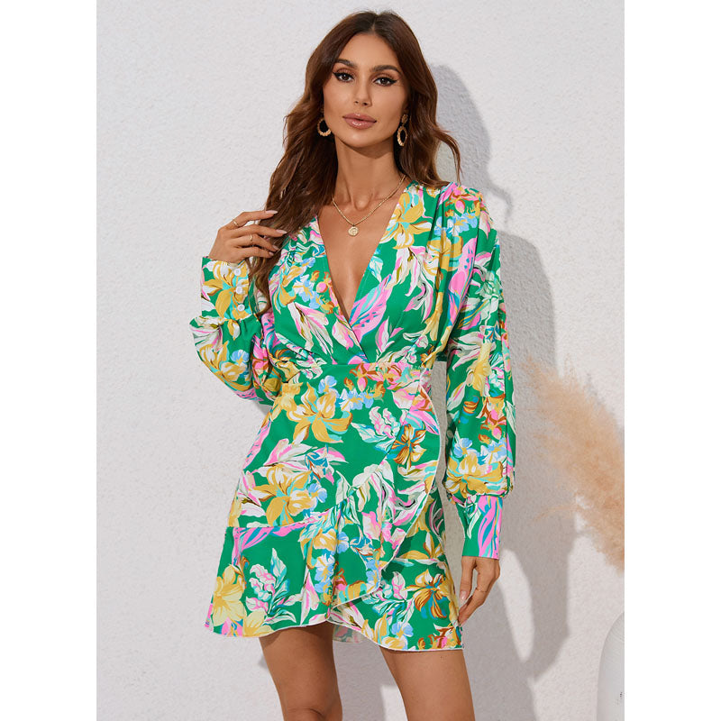 Nina Parker Graffiti Dress Flowers Print Waist-Controlled Long Sleeves Dress Skirt