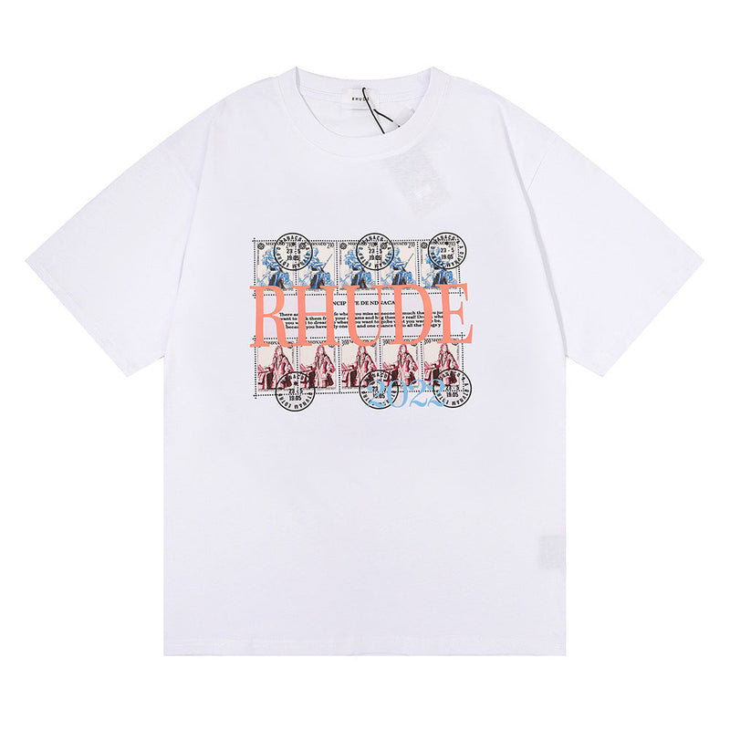 Rhude T Shirt Oil Painting Coconut Tree Printed Pure Cotton Hip Hop Men and Women Casual