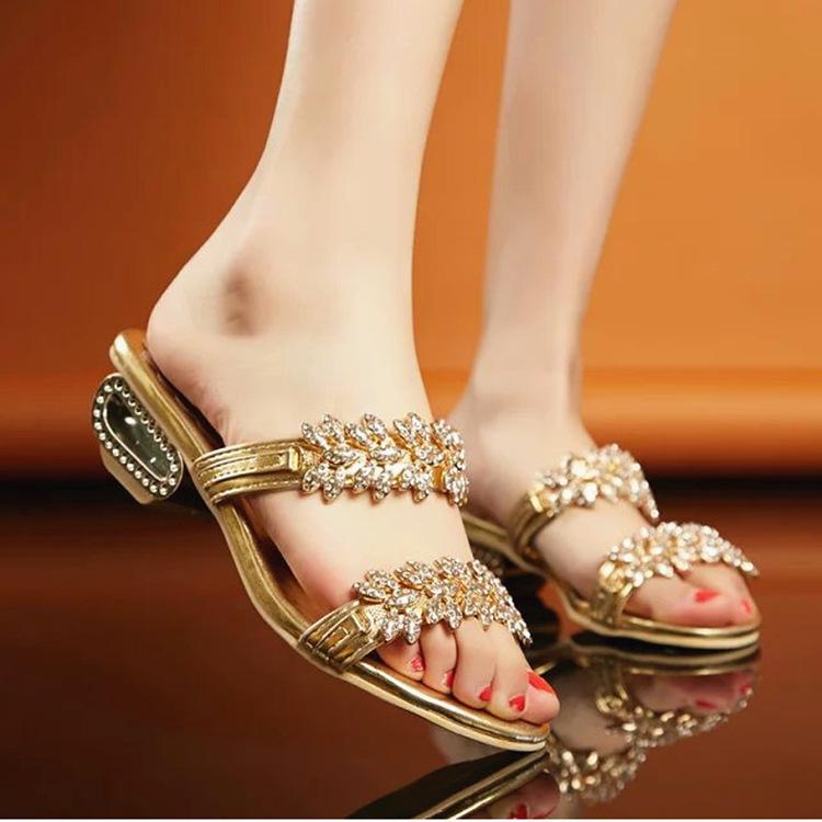 Women Open Toe Sandals Flats Fashion Rhinestone Square Heel Mid Heel Open Toe Plus Size Slippers