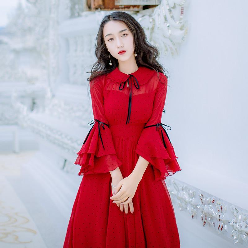 Spring and Summer Chiffon Polka-Dot Long Dress Bell Sleeve Dress Bohemia Retro Vintage Cottagecore Aesthetic Flowy Victoria Cottage Core Boho Dress