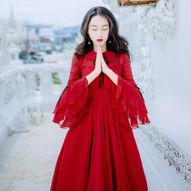 Spring and Summer Chiffon Polka-Dot Long Dress Bell Sleeve Dress Bohemia Retro Vintage Cottagecore Aesthetic Flowy Victoria Cottage Core Boho Dress