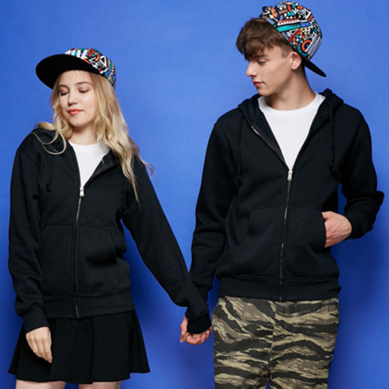 Black Zip Up Hoodie Solid Color With Fur Zip Sweatshirt Male And Female Couples Wear Group Clothes Sportswear