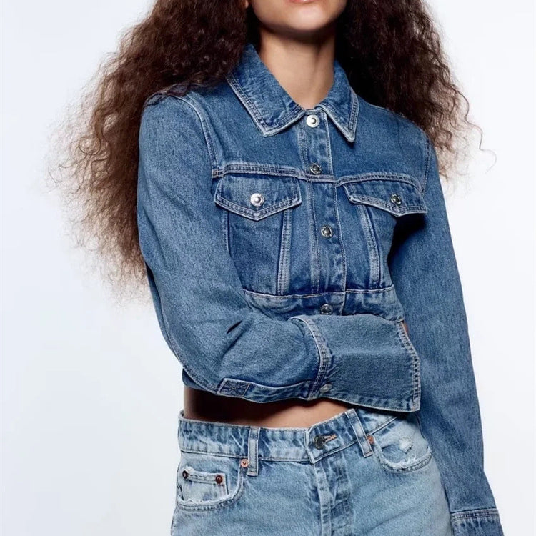 Brown Cropped Varsity Jacket Spring and Summer Retro Denim Jacket