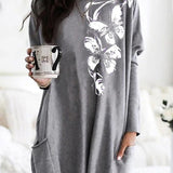 Skull Dress Casual round Neck T-shirt Printed Long Sleeve Pocket Loose Dress