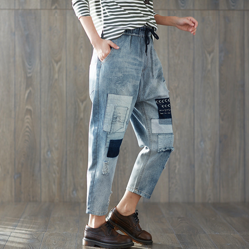 Women Patchwork Jeans Spring Plus Size Loose Ripped Jeans