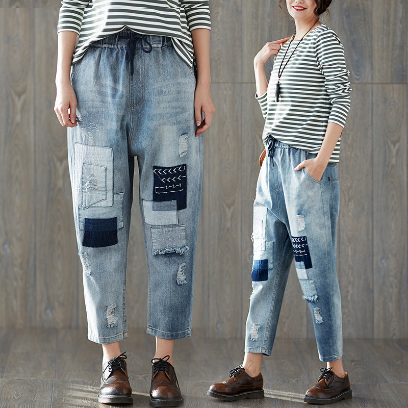 Women Patchwork Jeans Spring Plus Size Loose Ripped Jeans