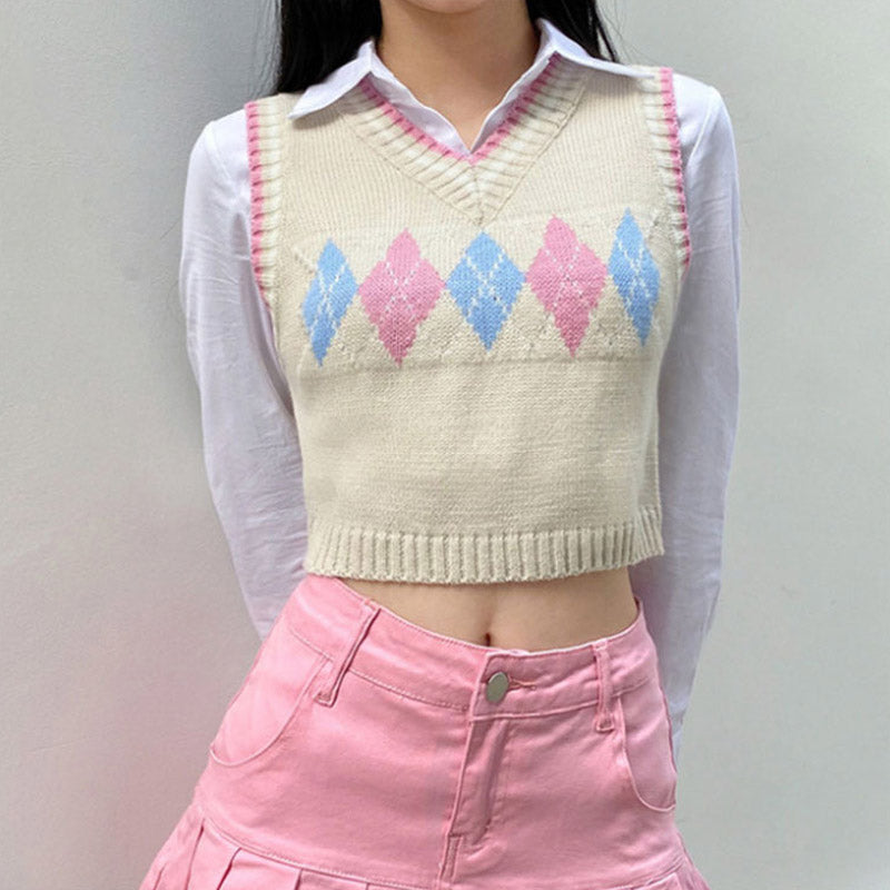 Preppy Aesthetic Sweater Spring/Summer Blue Rhombus Knitted Vest