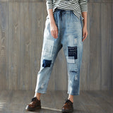 Women Patchwork Jeans Spring Plus Size Loose Ripped Jeans