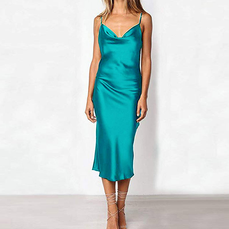 Satin Dress Sexy Solid Color Slim Dress Banquet Strap Dress