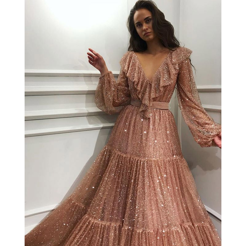 Formal Dresses & Gowns Dress V-neck Sequins Dress Formal Swing Dress Long Dress