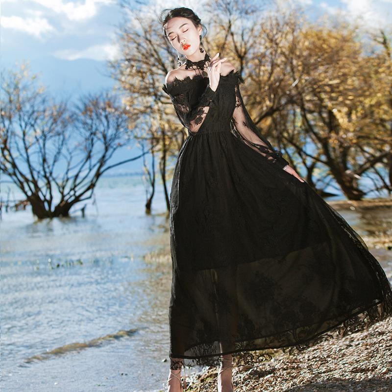 Off-Shoulder Lace Dress Sexy Fashion Black Evening Dress Bohemia Retro Vintage Cottagecore Aesthetic Flowy Victoria Cottage Core Boho Dress