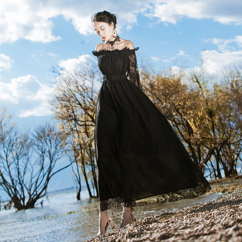 Off-Shoulder Lace Dress Sexy Fashion Black Evening Dress Bohemia Retro Vintage Cottagecore Aesthetic Flowy Victoria Cottage Core Boho Dress