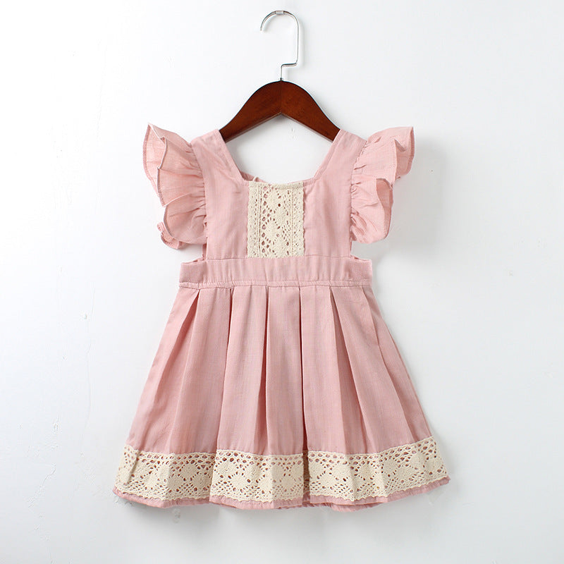 Girl Dress Summer Cute Lotus Pink Dress Children Princess Stitching Lace Short Dress