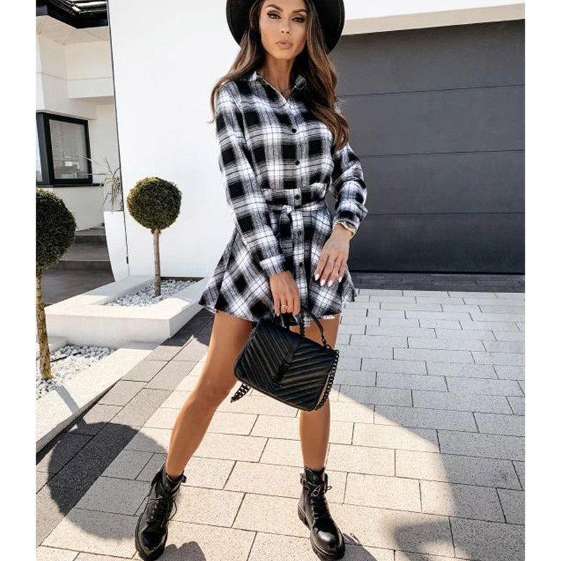 Gingham Dress Fall Winter Fashion Sexy Print Shirt Plaid Dress Short Skirt